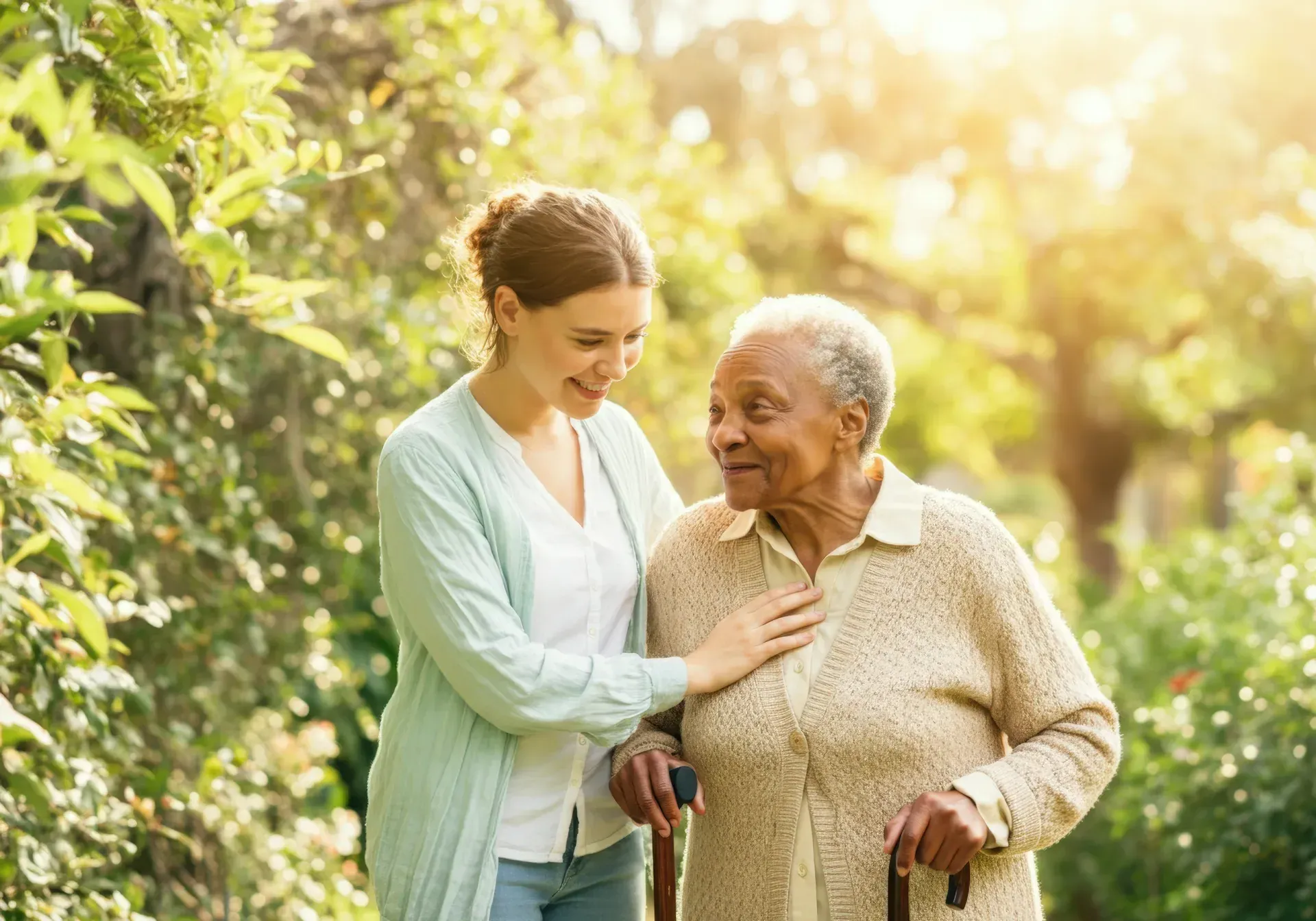 Pflegerin begleitet eine Seniorin beim Spaziergang im Garten